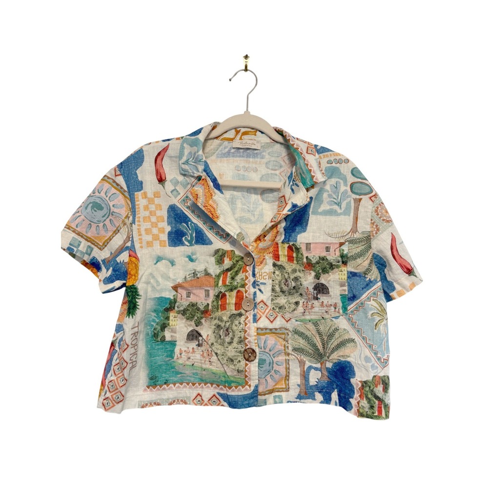 Bellambra Made in Italy Linen Blend Mediterranean Print Cropped Shirt Large